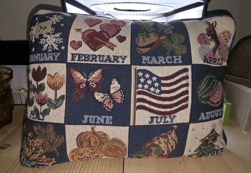 Tapestry Pillow Calendar Twelve Month HOLIDAYS Sampler w/ Words VTG 16x11" Blue